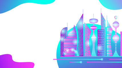Futuristic abstract neon city. Banner with copy space. Vector stock illustration. 