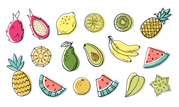 Set of tropical fruits hand drawing sketch in doodle style isolated on white background. Stock vector illustration. 