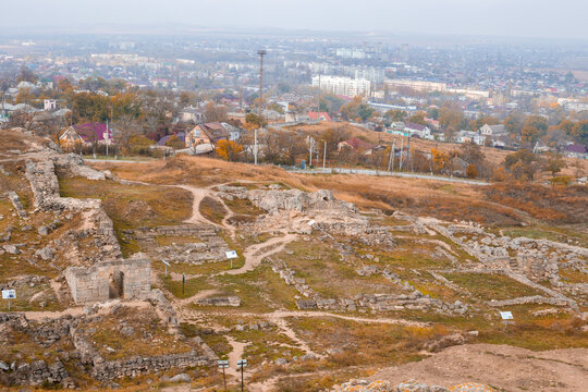 Excavations of the ancient Greek city of Panticapaeum. View from Mount Mithridates to Crimea, Kerch