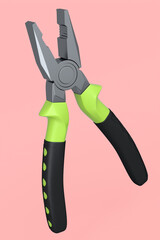 Yellow hand tool pliers for repair and installation on pink background