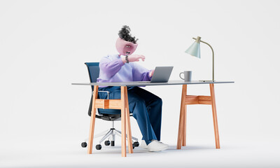 Awesome Travor working on a laptop at a desk. Highly detailed fashionable stylish abstract character isolated on white background. Right view. 3d rendering.
