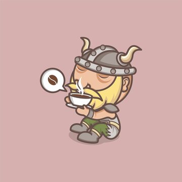 recommend clip art: cute cartoon viking enjoying a cup of coffee. vector illustration for mascot logo or sticker