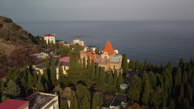 Top view of the area around the palace of Princess Gagarina in Alushta, Crimea. Autumn nature of the Crimean peninsula.