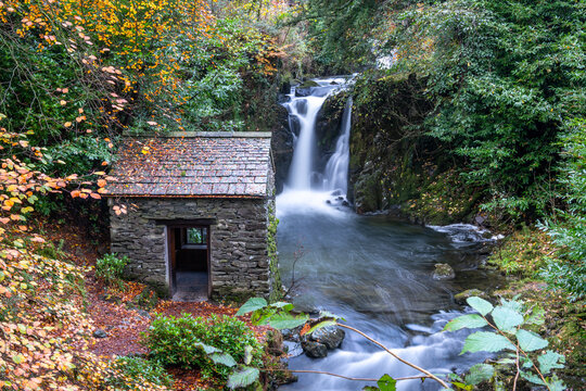 Waterfall and The Grot on Rydal Beck in the Lake District, Cumbria, England