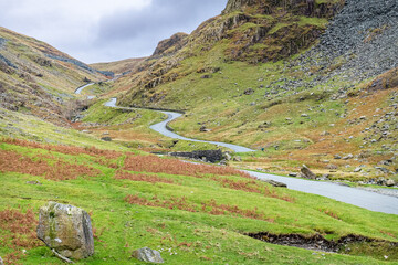 Road Through Honister Pass through Borrowdale in the Lake District in Cumbria, England