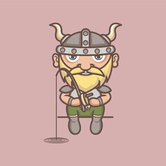 funny cartoon viking fishing. vector illustration for mascot logo or sticker