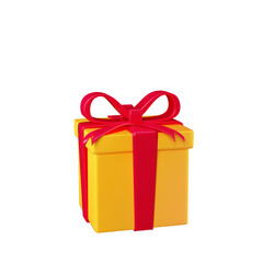 Closed yellow gift box for Birthday or Christmas, 3d render. 3D yellow gift box with a red bow, isolated on a white background