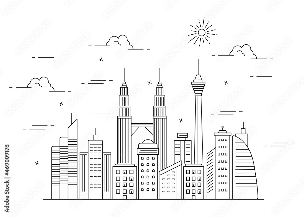 Wall mural illustration city line or building in kuala lumpur. twin skyscrapers in malaysia