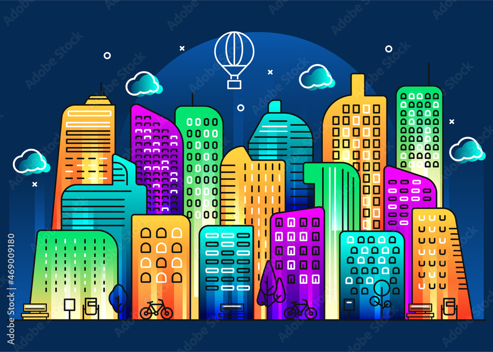 Wall mural Building illustration design in line style with colorful background