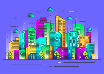 Colorful city illustration in line style concept