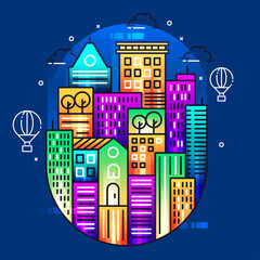 Simple city line illustration design with colorful background