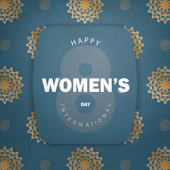 International women's day greeting flyer template in blue color with vintage gold ornament