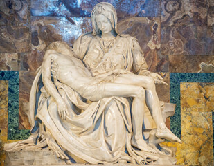 The Pieta, made by Michelangelo Buonarroti in 1499, is a Renaissance sculpture in Carrara marble,...