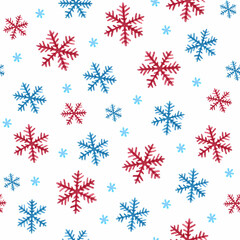 Seamless pattern with blue
and red abstract snowflakes
on white background, watercolor
illustration