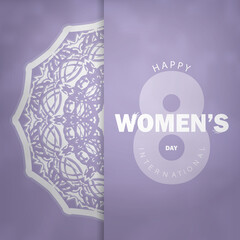 Postcard template 8 march international womens day purple color with abstract white pattern