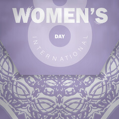 Postcard template 8 march international womens day purple color with vintage white pattern