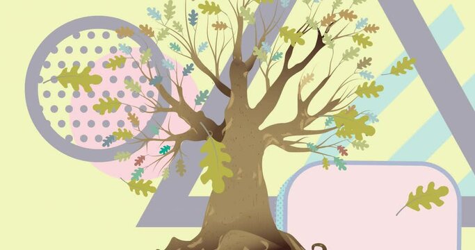 Animation of illustration of green oak leaves blowing past tree over geometric shapes on yellow