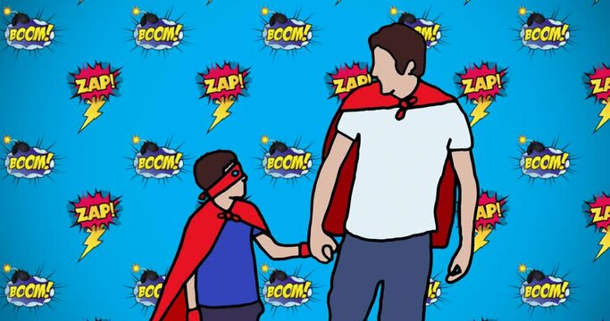 Animation of illustration of zap, boom text over father and son holding hands in superhero costumes