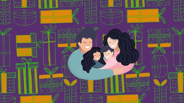 Animation of illustration of happy parents hugging son and daughter over green and orange gifts