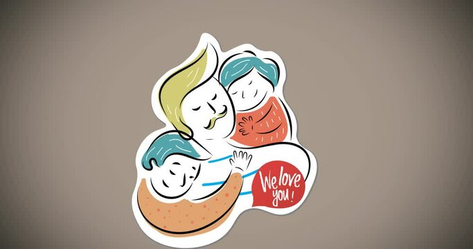 Animation of illustration of we love you text, over smiling son and daughter hugging father, on grey