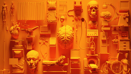 Orange Medical Clinic Equipment Hospital Facilities Health Care Medicine Collage 3d illustration render	