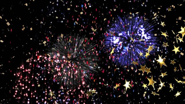 Animation of stars floating over confetti and fireworks on black background