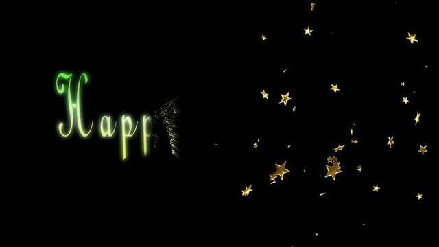 Animation of happy birthday text and stars on black background