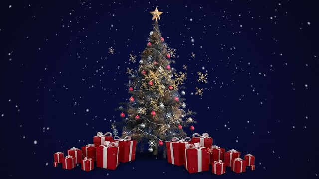 Animation of snow falling over christmas tree and presents