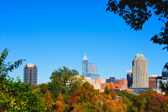 A nice city skyline of Raleigh, North Carolina in a clear blue Autumn sky. Copy space.