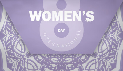 Postcard template international womens day purple color with vintage white ornament