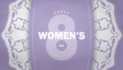 Postcard template international womens day purple color with vintage white pattern