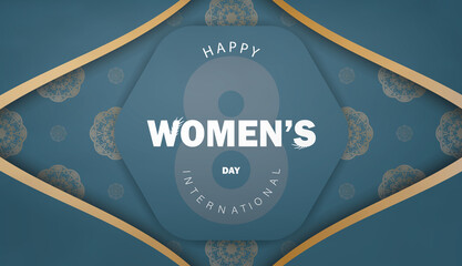 Postcard template March 8 in blue with vintage gold ornaments