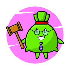A cartoon wise judge money bag mascot wearing glasses and holding a hammer with cute style design for t-shirt, sticker, logo element