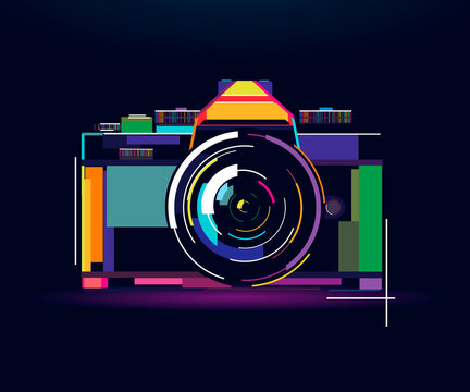 Retro photo camera, abstract, colorful drawing, digital graphics. Vector illustration of paints