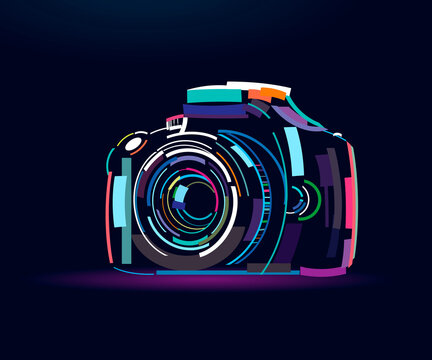 Photo camera, abstract, colorful drawing, digital graphics. Vector illustration of paints