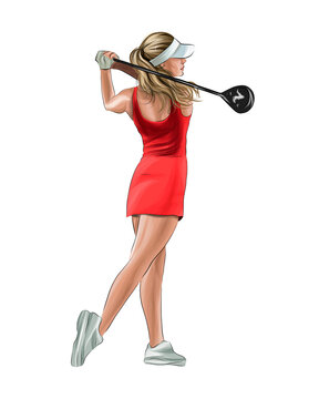 Female golf player hitting the ball, color drawing, realistic. Vector illustration of paints
