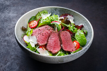 Modern style traditional fried dry aged bison beef rump steak slices with vegetable, lettuce and parmesan cheese served as close-up in a Nordic design bowl with copy space