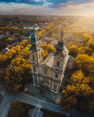 Drone shot of Cathedral of St Teresa Avila in Subotica