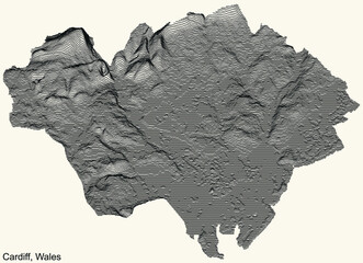 Topographic positive beige relief map of the city of Cardiff, United Kingdom with black contour lines on beige background