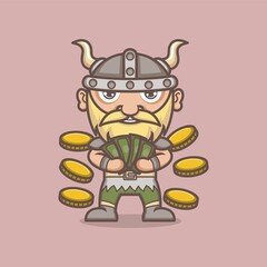 cute cartoon viking rich in money and coins. vector illustration for mascot logo or sticker