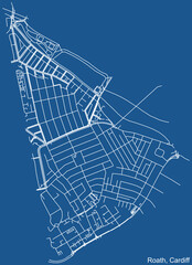 Detailed navigation urban street roads map on blue technical drawing background of the quarter Roath community of the Welsh capital city of Cardiff, United Kingdom