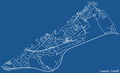 Detailed navigation urban street roads map on blue technical drawing background of the quarter Caerau electoral ward of the Welsh capital city of Cardiff, United Kingdom