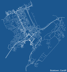 Detailed navigation urban street roads map on blue technical drawing background of the quarter Butetown electoral ward of the Welsh capital city of Cardiff, United Kingdom