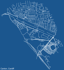 Detailed navigation urban street roads map on blue technical drawing background of the quarter Canton electoral ward of the Welsh capital city of Cardiff, United Kingdom