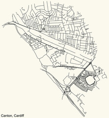 Obraz premium Detailed navigation urban street roads map on vintage beige background of the quarter Canton electoral ward of the Welsh capital city of Cardiff, United Kingdom