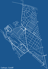 Detailed navigation urban street roads map on blue technical drawing background of the quarter AAA electoral ward of the Welsh capital city of Cardiff, United Kingdom