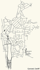 Detailed navigation urban street roads map on vintage beige background of the quarter Cyncoed electoral ward of the Welsh capital city of Cardiff, United Kingdom