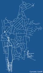 Detailed navigation urban street roads map on blue technical drawing background of the quarter Cyncoed electoral ward of the Welsh capital city of Cardiff, United Kingdom