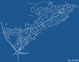 Detailed navigation urban street roads map on blue technical drawing background of the quarter Ely electoral ward of the Welsh capital city of Cardiff, United Kingdom