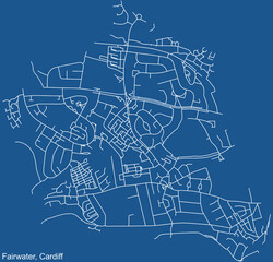 Detailed navigation urban street roads map on blue technical drawing background of the quarter Fairwater electoral ward of the Welsh capital city of Cardiff, United Kingdom